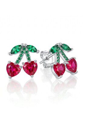 Cherry Stud Earrings with Pink and Green Gemstone
